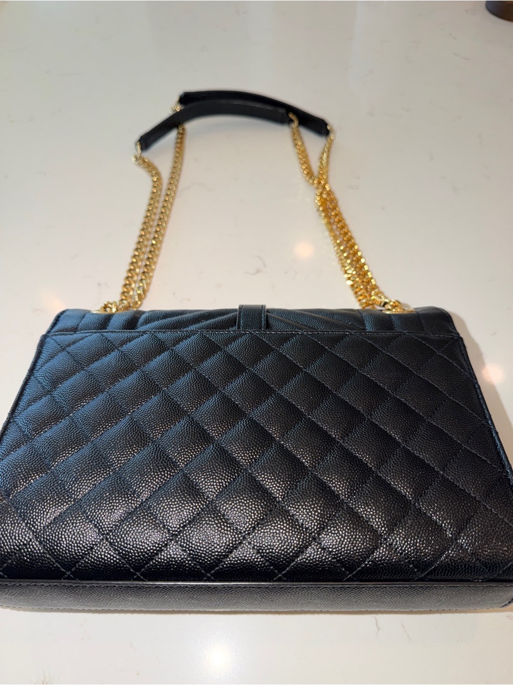 AUTHENTIC YSL Envelope Triquilt Medium Shoulder Bag in Black Grained Leather. - Picture 9 of 16
